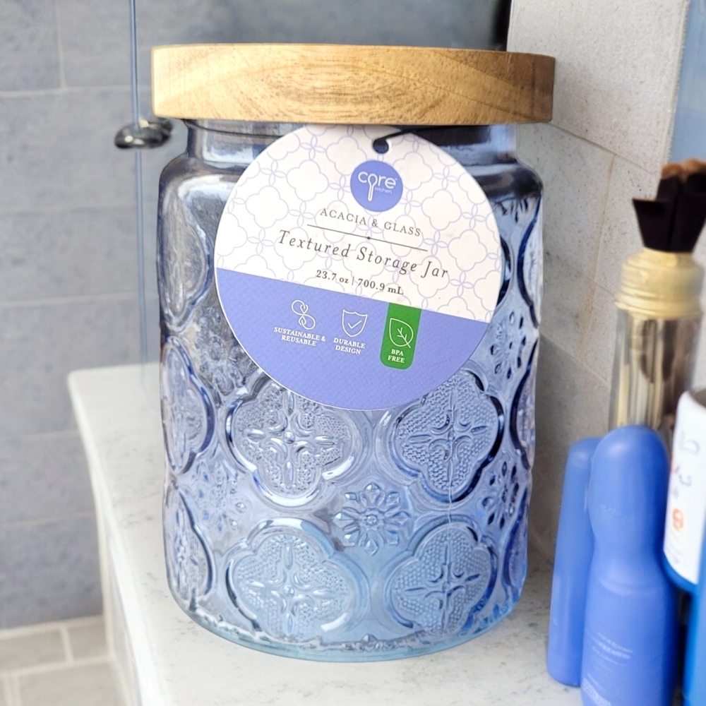🆕️ Blue Textured 5½"H x 4" W Glass Storage Jar With Acaia Wood Lid